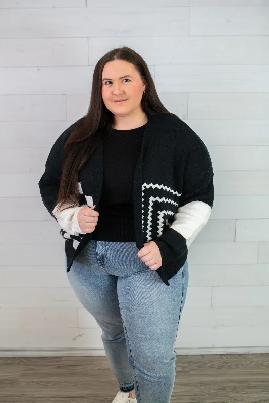 J.nna Multi Geometric Pattern Open Cardigan-Black Off White Satin Fabric Silk Fabric Chiffon Fabric J.nna Multi Geometric Pattern Open Cardigan-Black Off White Satin Fabric Silk Fabric Chiffon Fabric