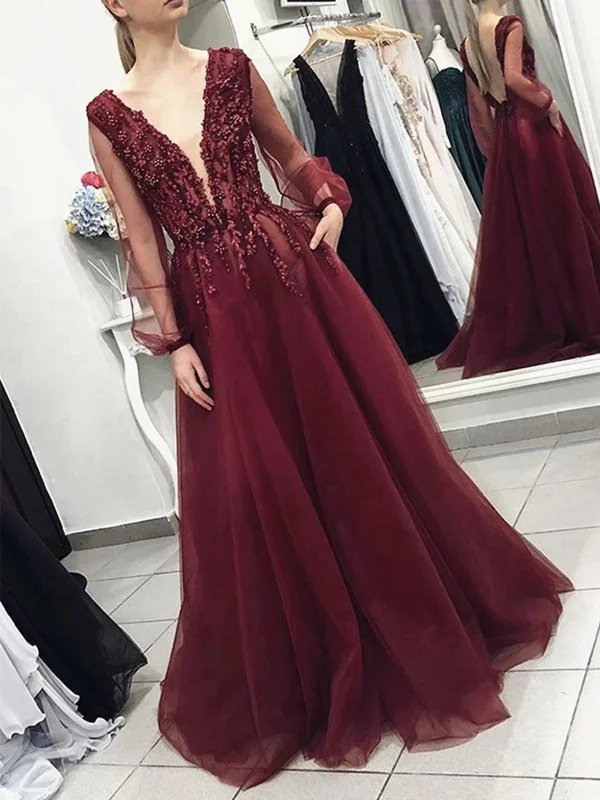 A Line V Neck Long Sleeves Burgundy Lace Prom Dresses, Long Sleeves Burgundy Lace Formal Evening Dresses A Line V Neck Long Sleeves Burgundy Lace Prom Dresses, Long Sleeves Burgundy Lace Formal Evening Dresses