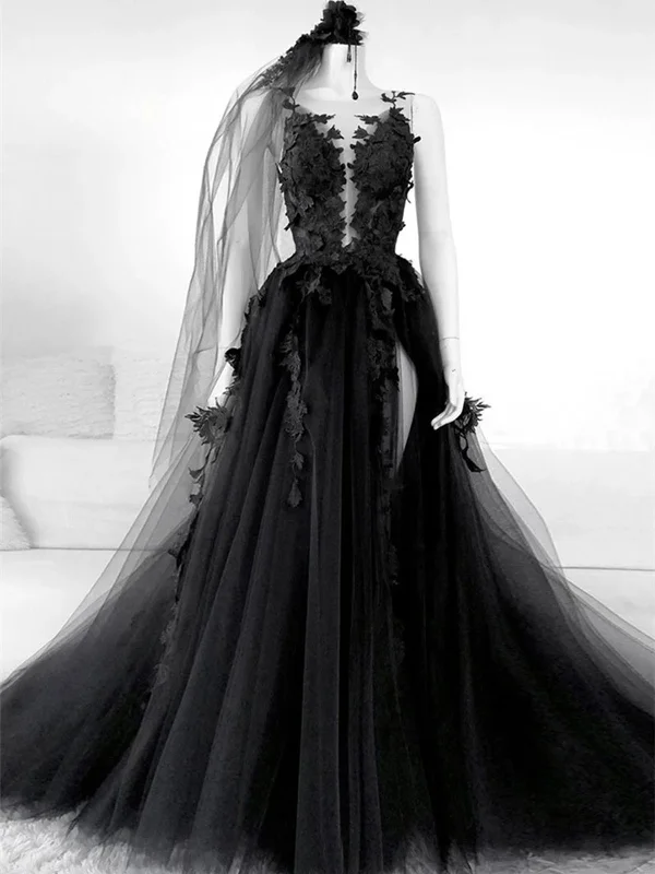 Black Floral Long Prom Dresses, Long Black Floral Formal Evening Dresses