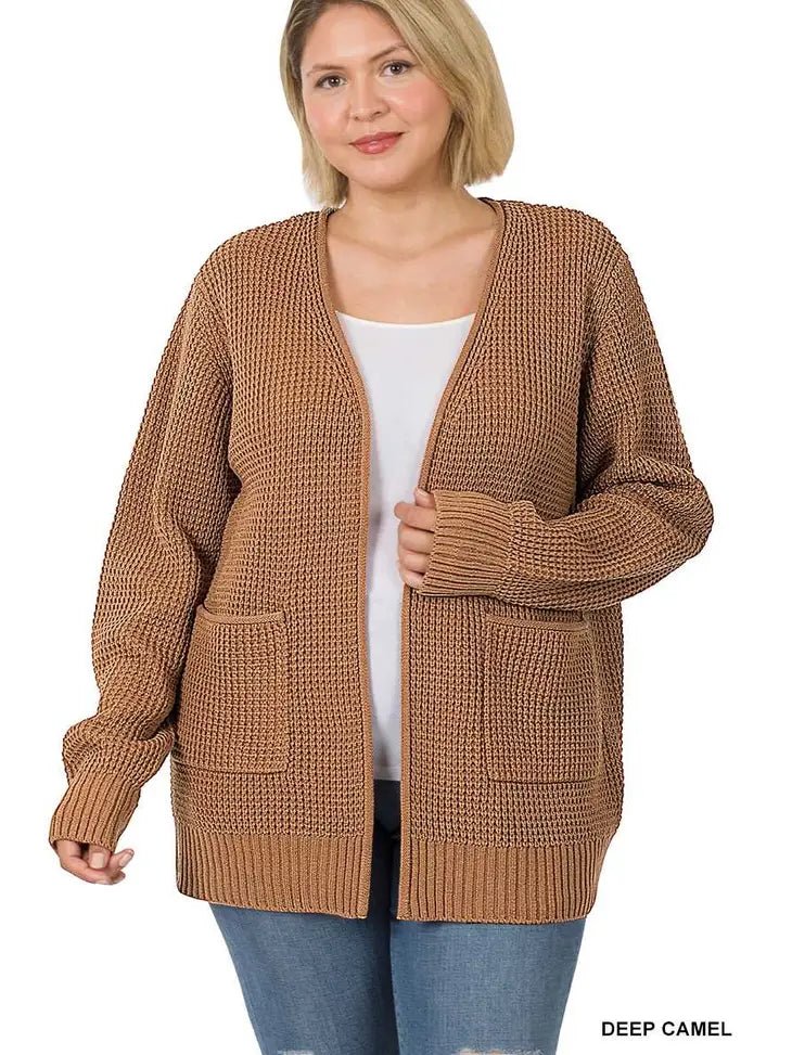 Curvy- Waffle Open Cardigan Sweater w/ Pockets- MULTIPLE COLORS Machine Wash Dry Clean Hand Wash Curvy- Waffle Open Cardigan Sweater w/ Pockets- MULTIPLE COLORS Machine Wash Dry Clean Hand Wash
