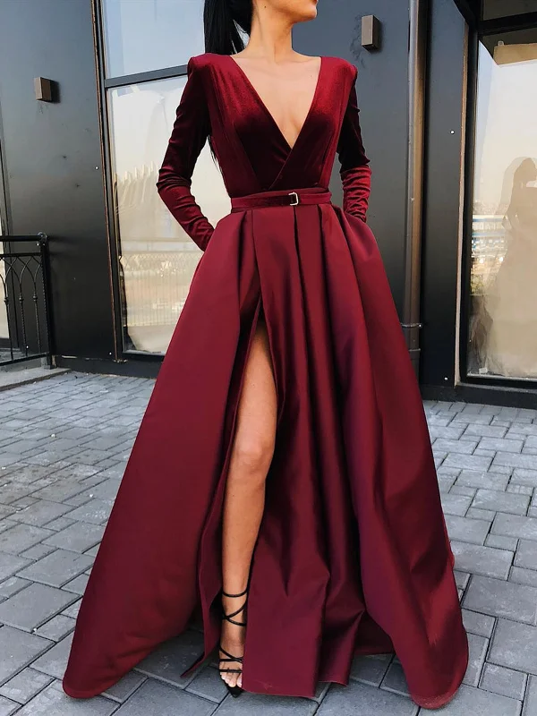 Long Sleeves V Neck Burgundy/ Black Prom Dress with High Slit, Burgundy/Black Long Sleeves V Neck Formal Graduation Evening Dresses Long Sleeves V Neck Burgundy/ Black Prom Dress with High Slit, Burgundy/Black Long Sleeves V Neck Formal Graduation Evening Dresses