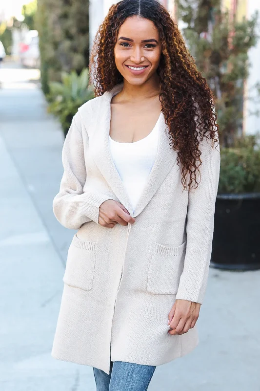 Taupe Open Sweater Cardigan Hoodie With Pockets Spandex Rayon Corduroy