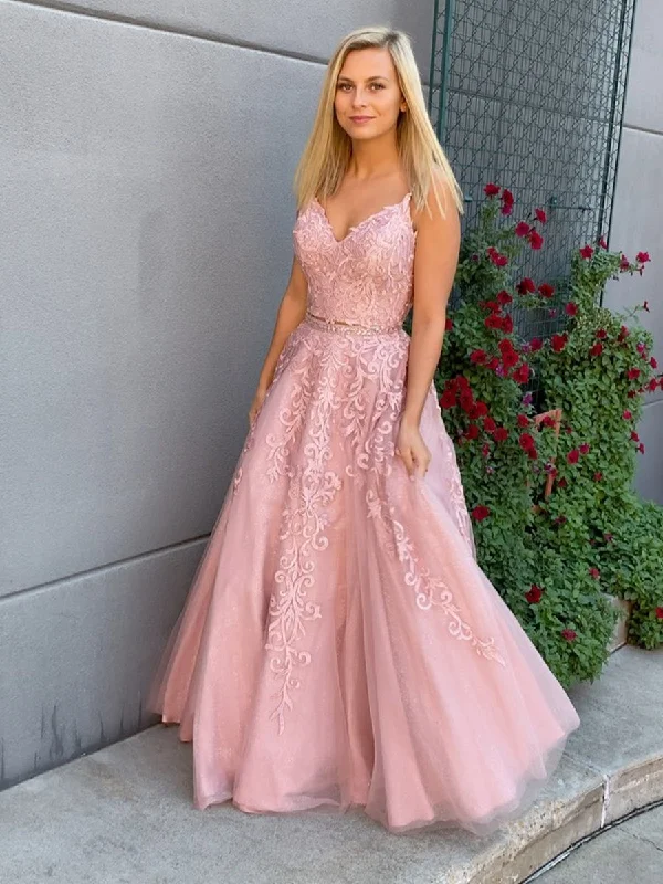 A Line V Neck 2 Pieces Pink Lace Prom Dresses, Two Pieces Pink Lace Formal Evening Dresses A Line V Neck 2 Pieces Pink Lace Prom Dresses, Two Pieces Pink Lace Formal Evening Dresses