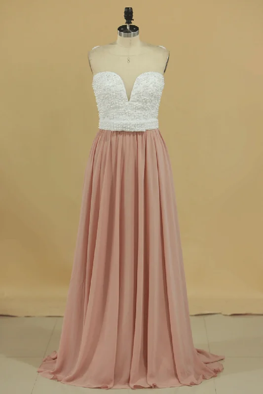 Scoop Prom Dresses A Line Chiffon With Beading Sweep Train