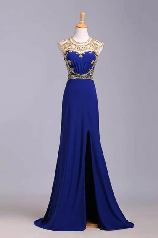 Scoop Neckline Column Beaded Bodice Prom Dresses With Court Train & Slit