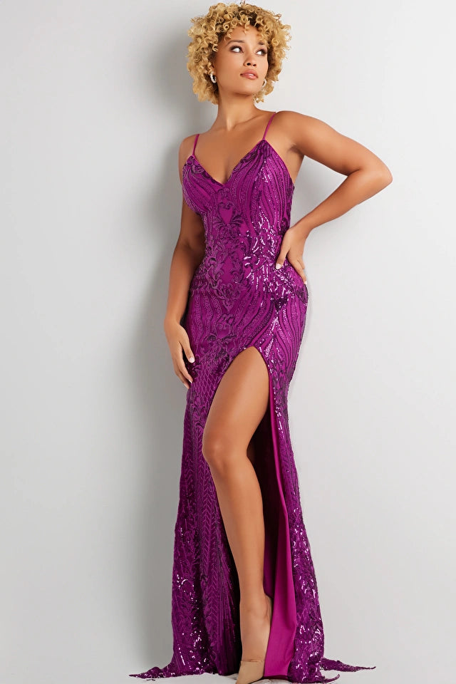 Jovani 38337 Long Prom Dress Fitted Sheath Sequin High Slit V Neckline Formal Pageant Gown Jovani 38337 Long Prom Dress Fitted Sheath Sequin High Slit V Neckline Formal Pageant Gown