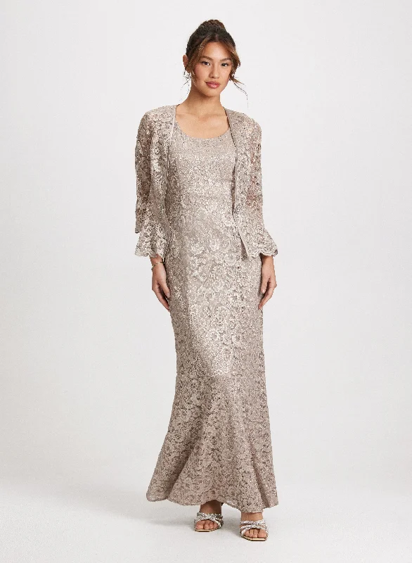 Lace Jacket & Long Dress Set Stand-Up Collar Roll-Neck Collar Turtle Neck