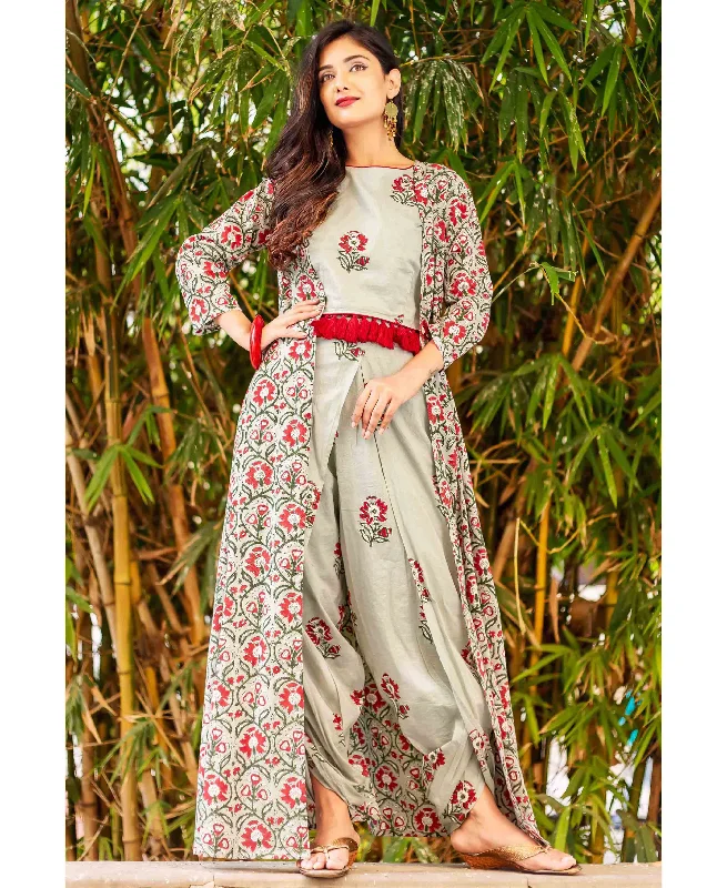 Frosty Mint Block Printed Crop Top with Dhoti and Detachable Jacket Jacket Blazer Coat Frosty Mint Block Printed Crop Top with Dhoti and Detachable Jacket Jacket Blazer Coat