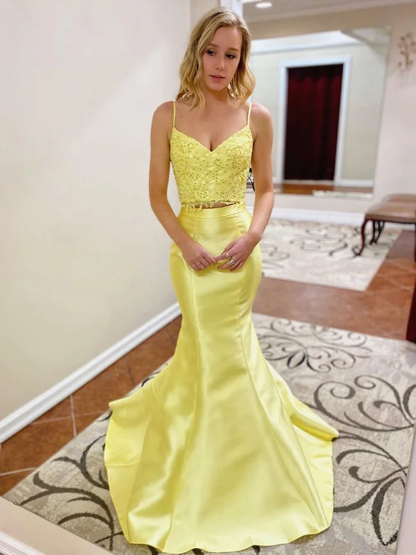 V Neck 2 Pieces Mermaid Yellow Lace Prom Dresses, Two Pieces Mermaid Yellow Lace Fomral Evening Dresses