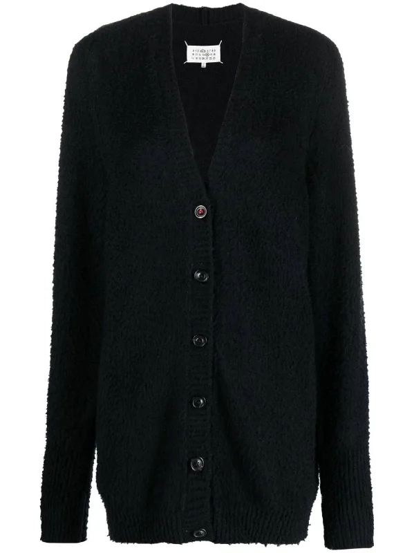 Piled V-neck cardigan Solid Print Embellished