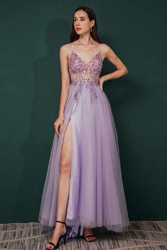 Light Purple A-line Rhinestones Tulle Long Prom Dress