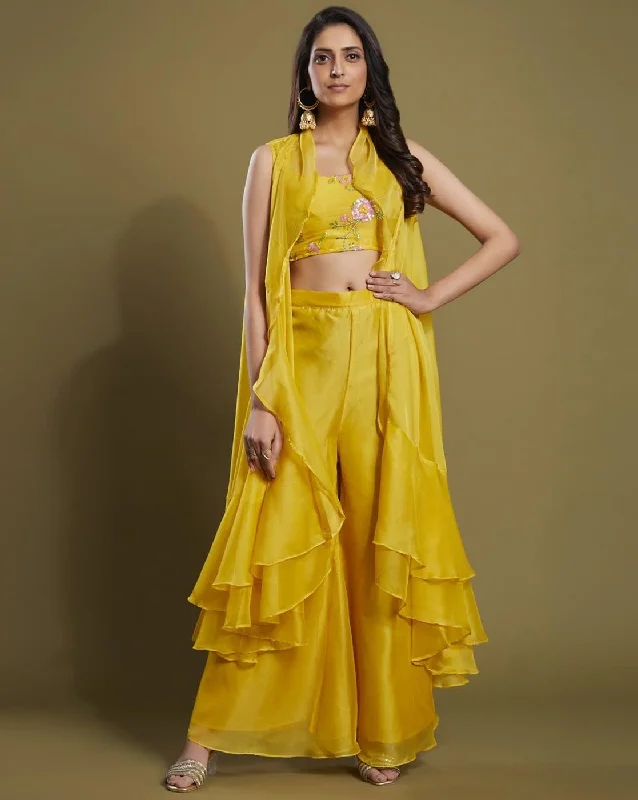 Yellow Organza Ready-To-Wear Jacket Style Co-Ord Set Zip Front Button Front Snap Front Yellow Organza Ready-To-Wear Jacket Style Co-Ord Set Zip Front Button Front Snap Front