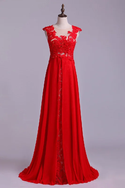 Scoop Neckline Embellished Bodice With Beadeds&Applique Long Chiffon Prom Dress