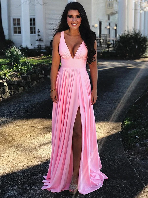 A Line V Neck Pink Long Prom Dress with Leg Slit, Pink V Neck Formal Graduation Evening Dresses A Line V Neck Pink Long Prom Dress with Leg Slit, Pink V Neck Formal Graduation Evening Dresses