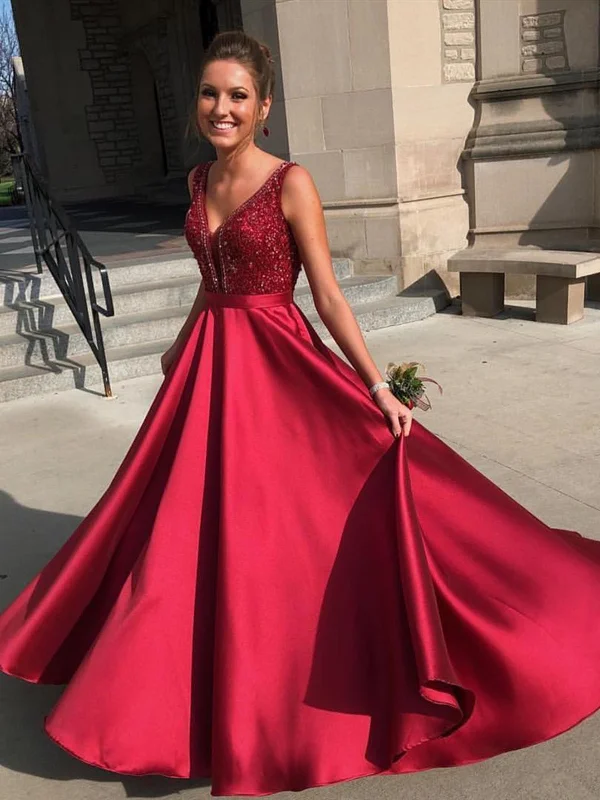 A Line V Neck Burgundy Beaded Prom Dresses, Burgundy V Neck Formal Graduation Dresses A Line V Neck Burgundy Beaded Prom Dresses, Burgundy V Neck Formal Graduation Dresses