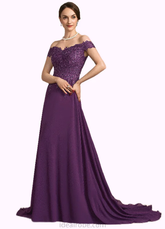 Aleena A-Line Off-the-Shoulder Sweep Train Chiffon Lace Mother of the Bride Dress With Beading Sequins STK126P0014801 Aleena A-Line Off-the-Shoulder Sweep Train Chiffon Lace Mother of the Bride Dress With Beading Sequins STK126P0014801