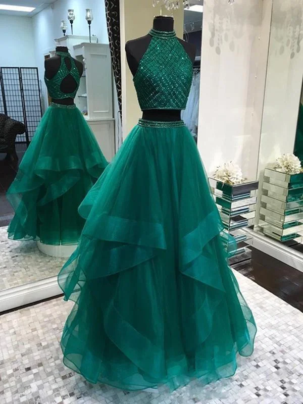 Two Pieces Emerald Green Prom Dress Long, 2 Pieces Green Long Formal Graduation Dresses Two Pieces Emerald Green Prom Dress Long, 2 Pieces Green Long Formal Graduation Dresses