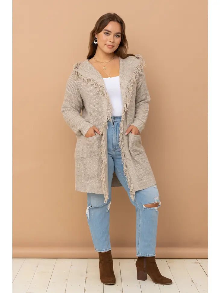 ALL SIZES- Hooded Fringe Knit Open Cardigan Iron Safe Non-Iron Wrinkle Free