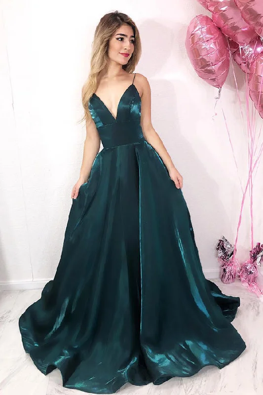 Turquoise Straps Long Prom Dress with Pockets