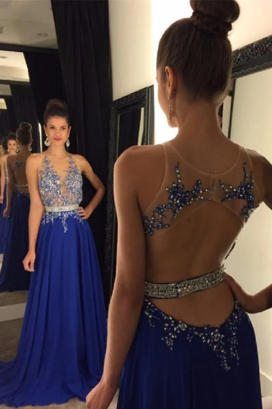 Scoop Prom Dresses A Line Chiffon With Applique And Beads Sweep Train