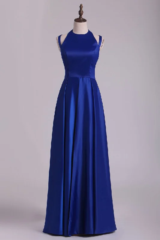 Scoop Prom Dresses A Line Open Back Stretch Satin With Slit Floor Length