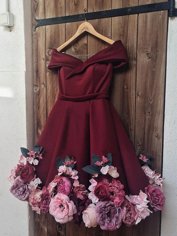 A Line Off Shoulder Short Burgundy Floral Prom Dresses, Short Burgundy Floral Formal Graduation Cocktail Dresses A Line Off Shoulder Short Burgundy Floral Prom Dresses, Short Burgundy Floral Formal Graduation Cocktail Dresses