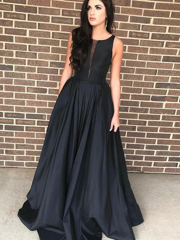 Round Neck Floor Length Black Prom Dresses, Black Formal Graduation Evening Dresses
