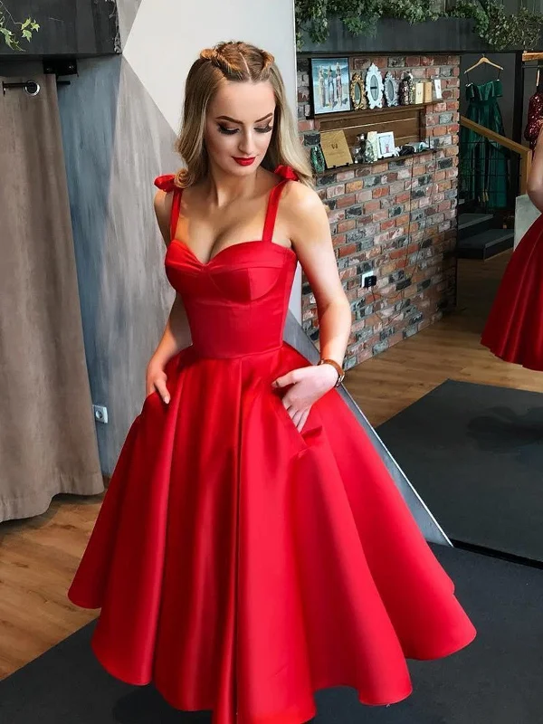 Red Sweetheart Neck Tea Length Prom Gown with Pocket, Red Tea Length Formal Dresses, Red Evening Dresses Red Sweetheart Neck Tea Length Prom Gown with Pocket, Red Tea Length Formal Dresses, Red Evening Dresses