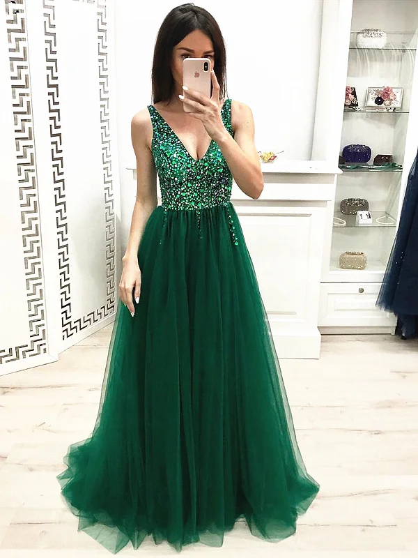 A Line V Neck Green Beaded Prom Dresses Long, Beaded V Neck Green Formal Dresses, Evening Dresses A Line V Neck Green Beaded Prom Dresses Long, Beaded V Neck Green Formal Dresses, Evening Dresses