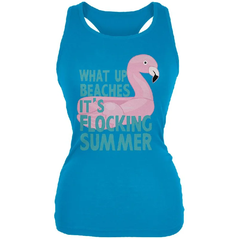 Flamingo What Up Beaches It's Flocking Summer Funny Pun Juniors Soft Tank Top navy tank top