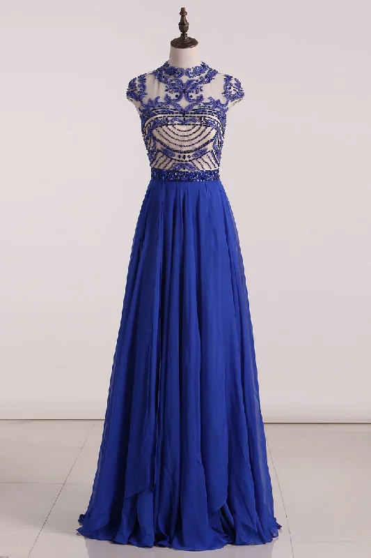 Scoop Prom Dresses Chiffon A Line With Beading Cap Sleeves Fast Arrival