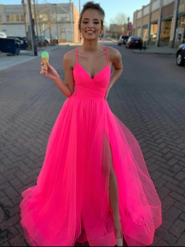 A Line V Neck Hot Pink Tulle Prom Dresses, Hot Pink Tulle Formal Evening Graduation Dresses A Line V Neck Hot Pink Tulle Prom Dresses, Hot Pink Tulle Formal Evening Graduation Dresses
