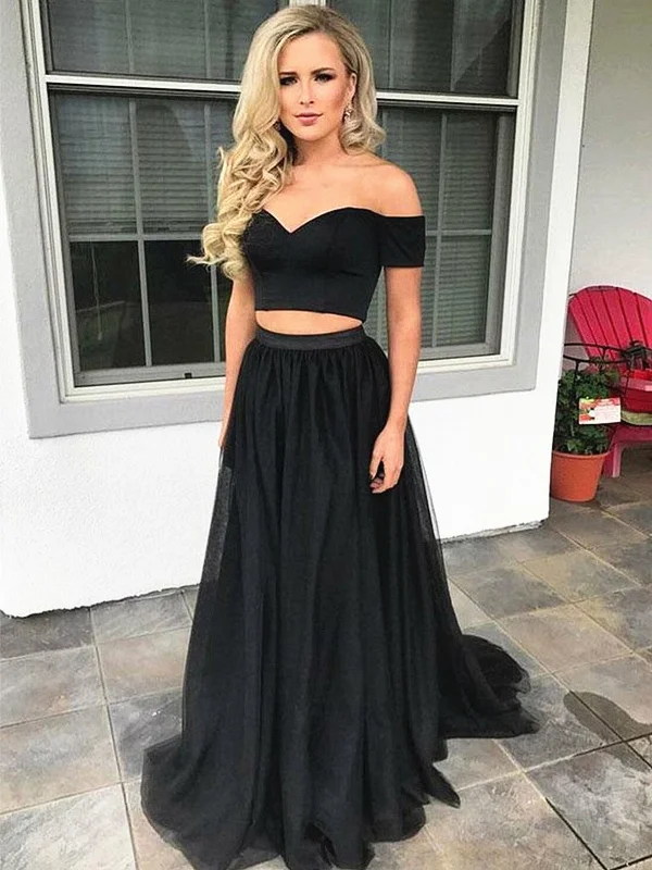 Off Shoulder 2 Pieces Black Tulle Prom Dresses, 2 Pieces Black Tulle Formal Evening Dresses Long
