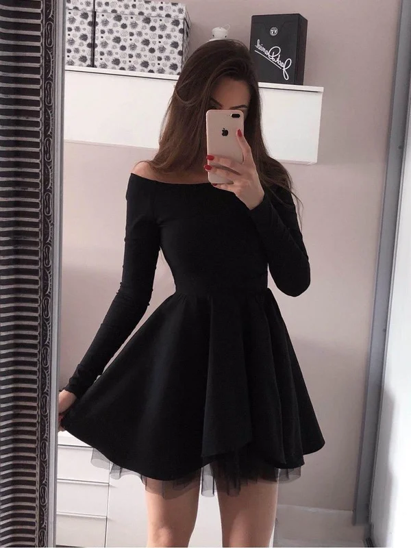 Custom Made Long Sleeves Short Black Prom Dresses, Short Black Long Sleeves Formal Evening Graduation Dresses Custom Made Long Sleeves Short Black Prom Dresses, Short Black Long Sleeves Formal Evening Graduation Dresses