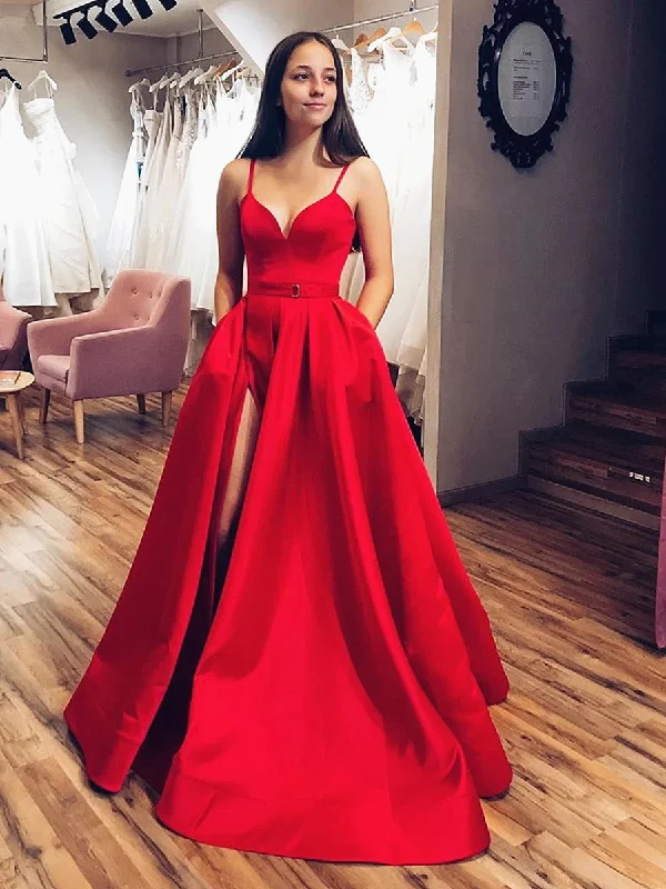 Red V Neck High Slit Prom Dresses, Red V Neck High Slit Formal Graduation Evening Dresses Red V Neck High Slit Prom Dresses, Red V Neck High Slit Formal Graduation Evening Dresses