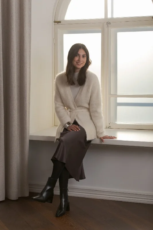 Alissa Alpaca Blend Cardigan With Belt Cream Zippered Buttoned Snapped