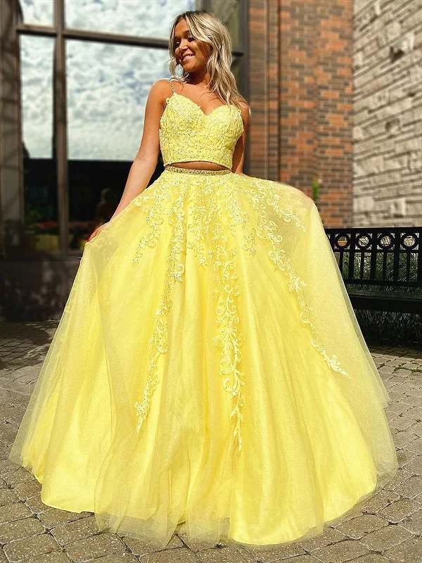 A Line V Neck 2 Pieces Yellow Lace Prom Dresses, Two Pieces Yellow Lace Formal Evening Dresses A Line V Neck 2 Pieces Yellow Lace Prom Dresses, Two Pieces Yellow Lace Formal Evening Dresses