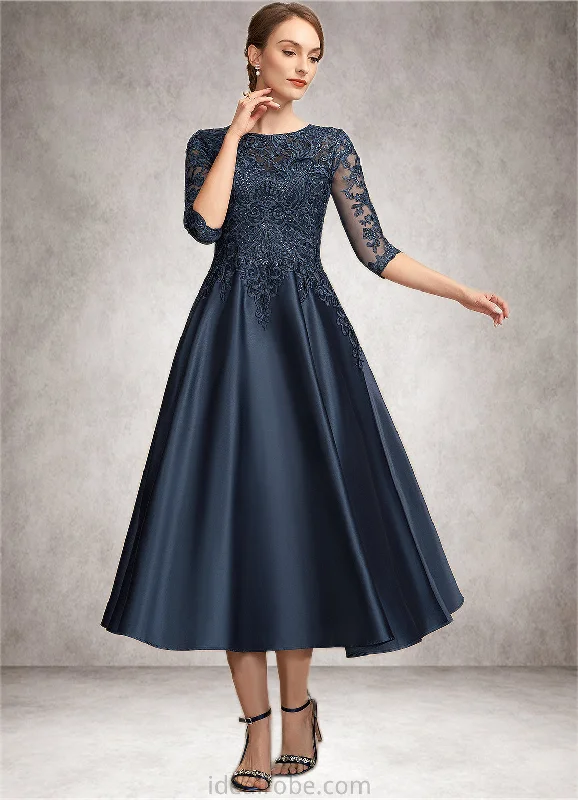 Glenda A-Line Scoop Neck Tea-Length Satin Lace Mother of the Bride Dress With Sequins STK126P0014736 Glenda A-Line Scoop Neck Tea-Length Satin Lace Mother of the Bride Dress With Sequins STK126P0014736