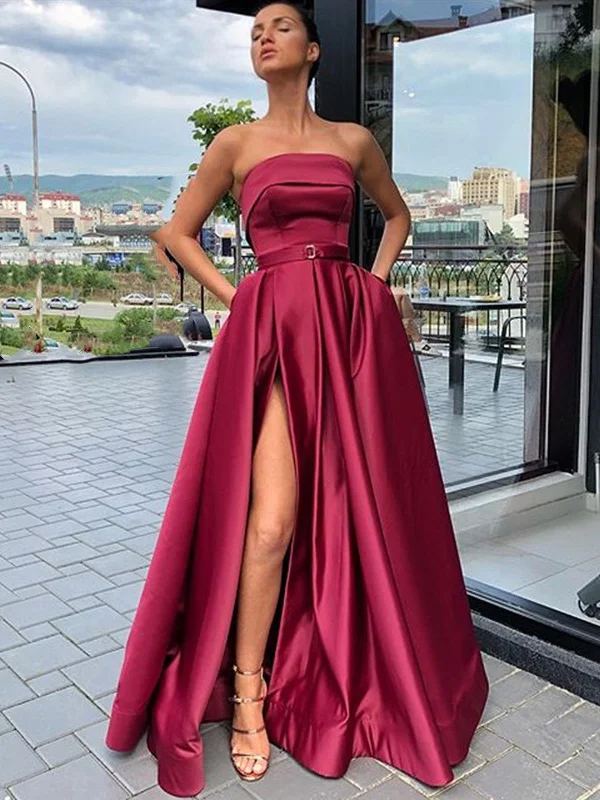 Custom Made A Line High Slit Burgundy Prom Dresses, Burgundy Formal Evening Graduation Dresses with High Slit Custom Made A Line High Slit Burgundy Prom Dresses, Burgundy Formal Evening Graduation Dresses with High Slit