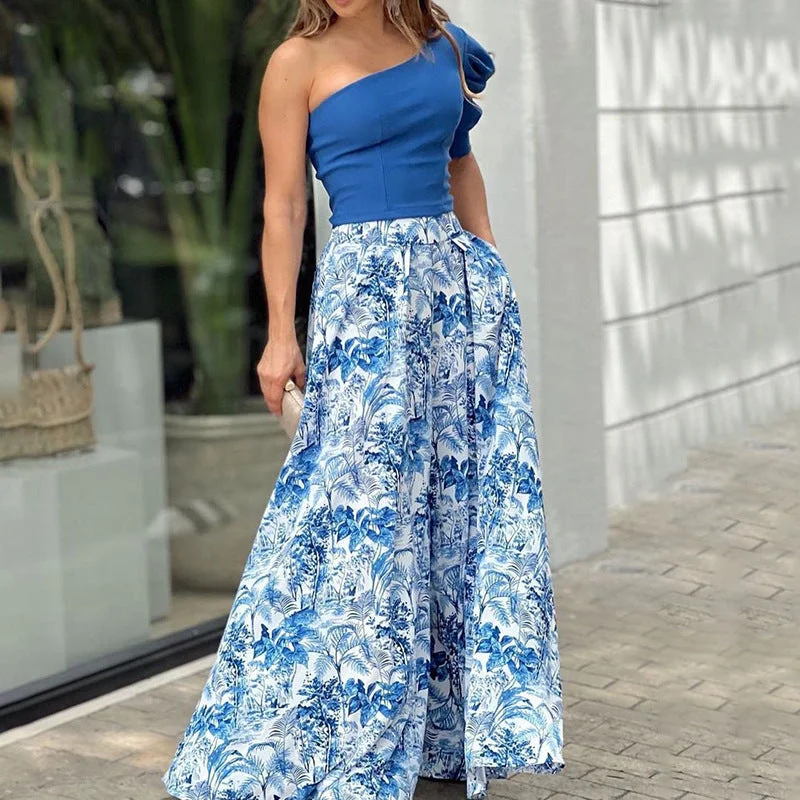 Sexy One Shoulder Tank Top & Wide Leg Pants Summer Women Outfits turquoise tank top