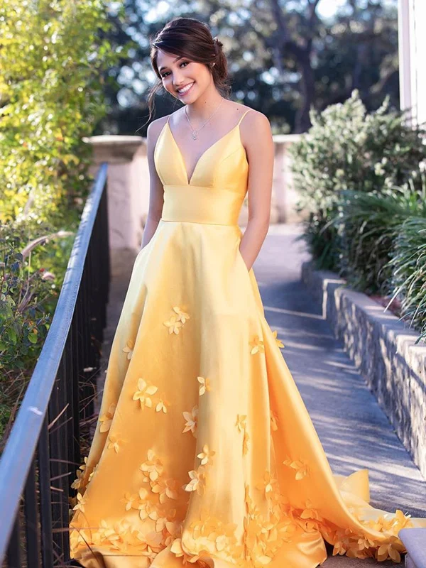 A Line V Neck Yellow Prom Dresses with 3D Flower, Yellow Floral Long Formal Evening Graduation Dresses