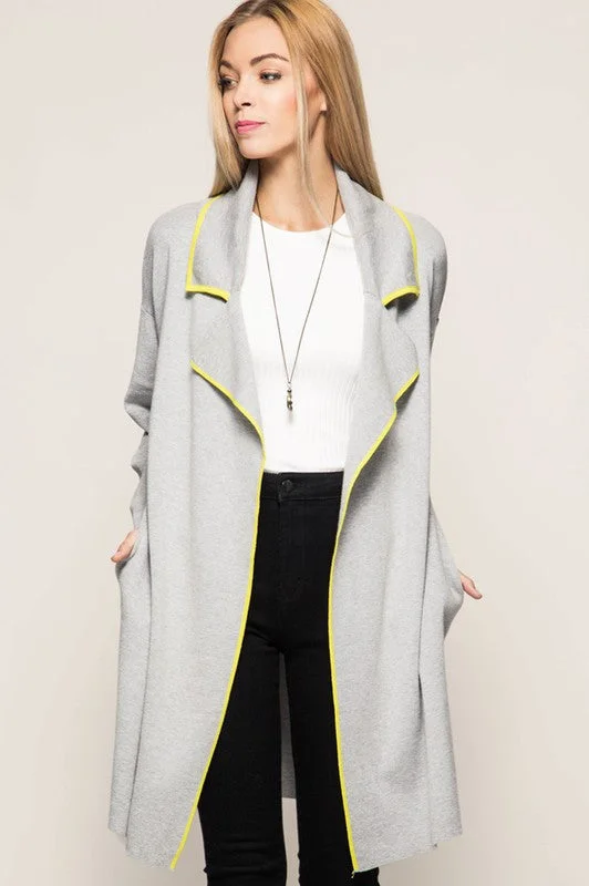 Cardigan Jacket W/ Contrast Edge Piping Solid Color Striped Floral Print