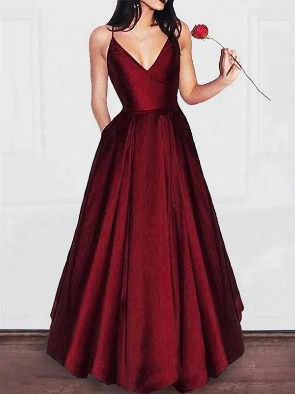 A Line V Neck Burgundy Floor Length Prom Dresses, Burgundy V Neck Formal Graduation Evening Dresses