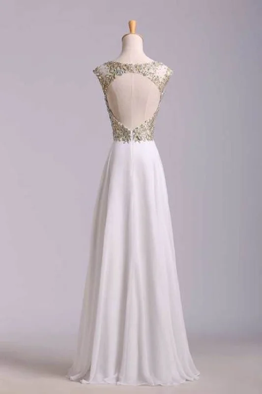 Scoop Neckline Off The Shoulder Prom Dresses White Floor Length Chiffon With Gold Embroidery Scoop Neckline Off The Shoulder Prom Dresses White Floor Length Chiffon With Gold Embroidery