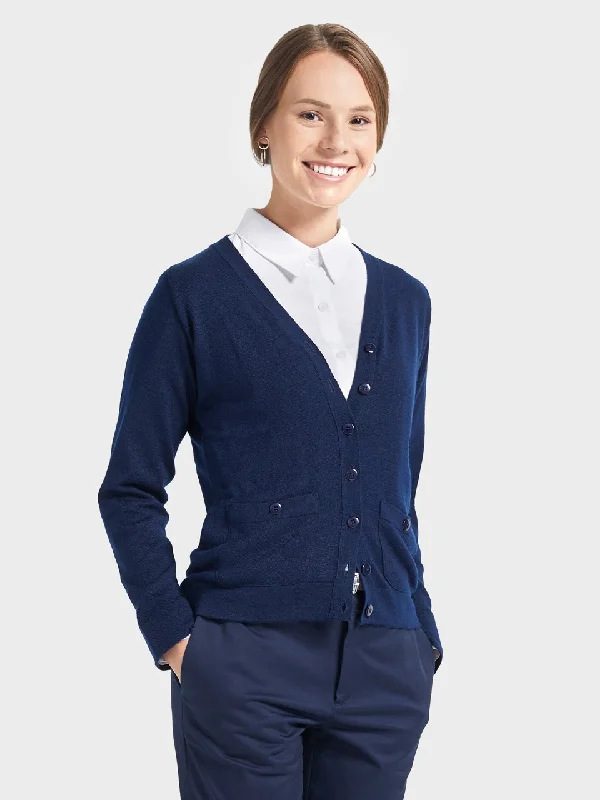 Ladies' 2 Pocket V-Neck Cardigan Sweater - Deep Navy Mesh Fabric Canvas Fabric Denim Fabric Ladies' 2 Pocket V-Neck Cardigan Sweater - Deep Navy Mesh Fabric Canvas Fabric Denim Fabric