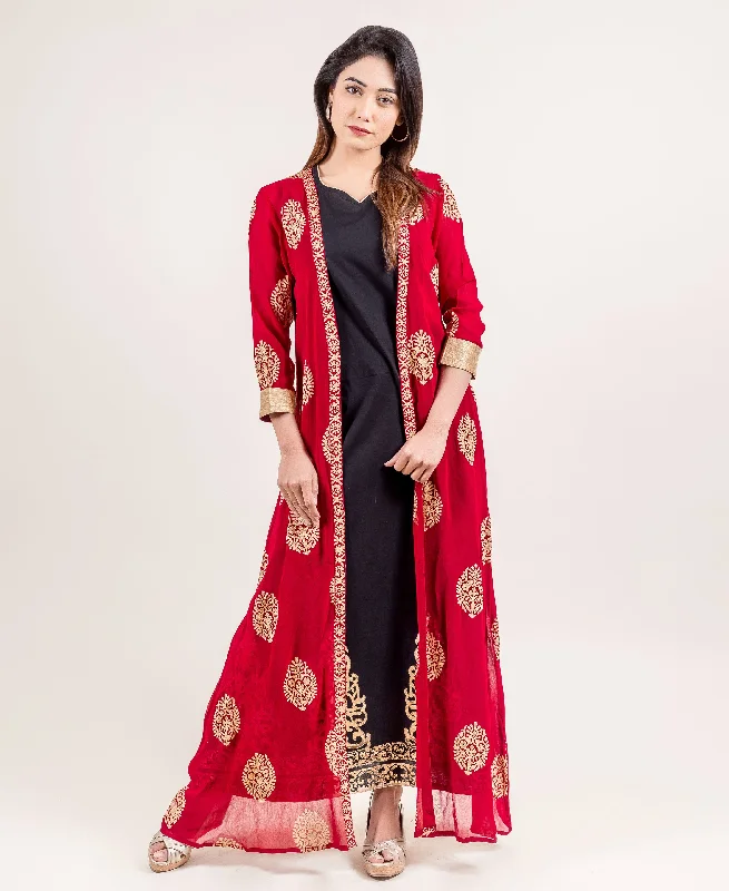 Gold Printed Designer Jacket Style Long Georgette Indo Western Dress Fleece Jacket Down Jacket Parka Gold Printed Designer Jacket Style Long Georgette Indo Western Dress Fleece Jacket Down Jacket Parka
