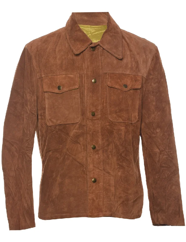 Brown Suede Jacket - M Welt Pockets Slit Pockets Flap Pockets