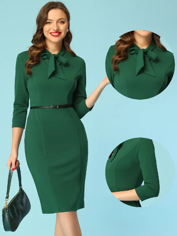Front Tie Neck 3/4 Sleeve Work Bodycon Sheath Dress
