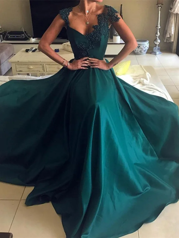 A Line V Neck Dark Green Lace Prom Dresses, Dark Green Formal Dresses, Graduation Dresses
