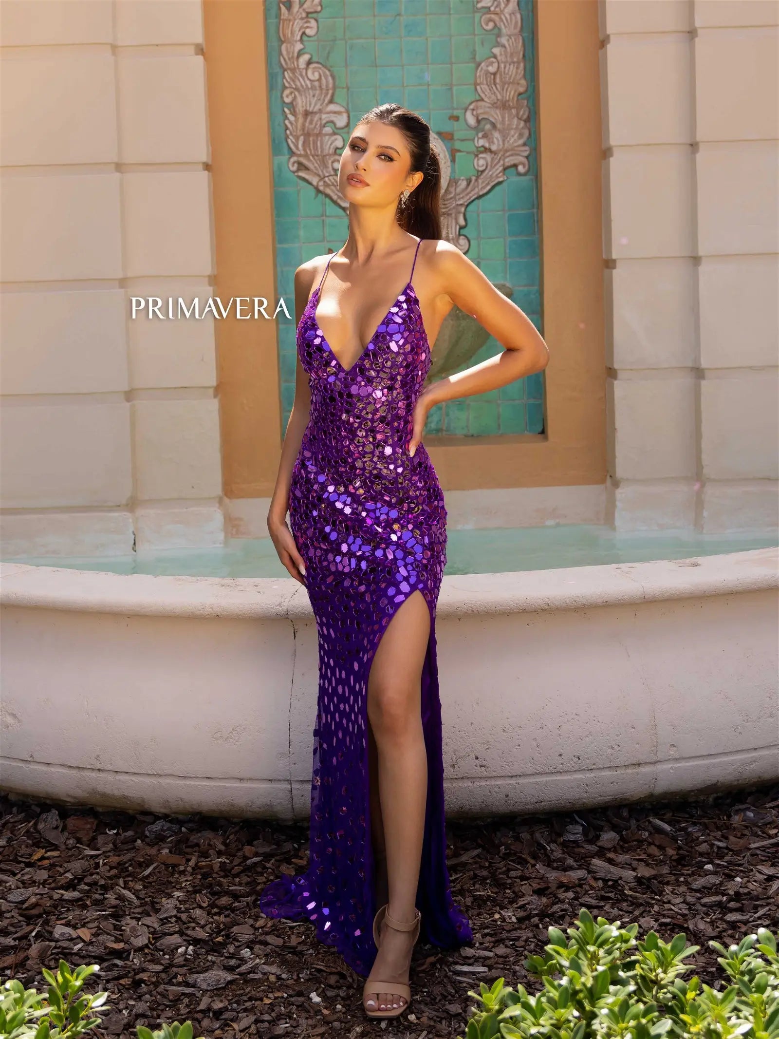 Primavera Couture 4151 Long Prom Dress Fitted Glass Cut Beads Lace Up Back V Neck Formal Pageant Gown Primavera Couture 4151 Long Prom Dress Fitted Glass Cut Beads Lace Up Back V Neck Formal Pageant Gown